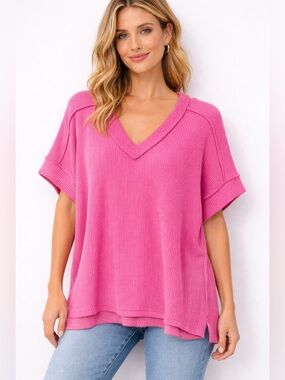 Zenana Outfitters Oversized V Neck Ribbed Top in Light Pink
